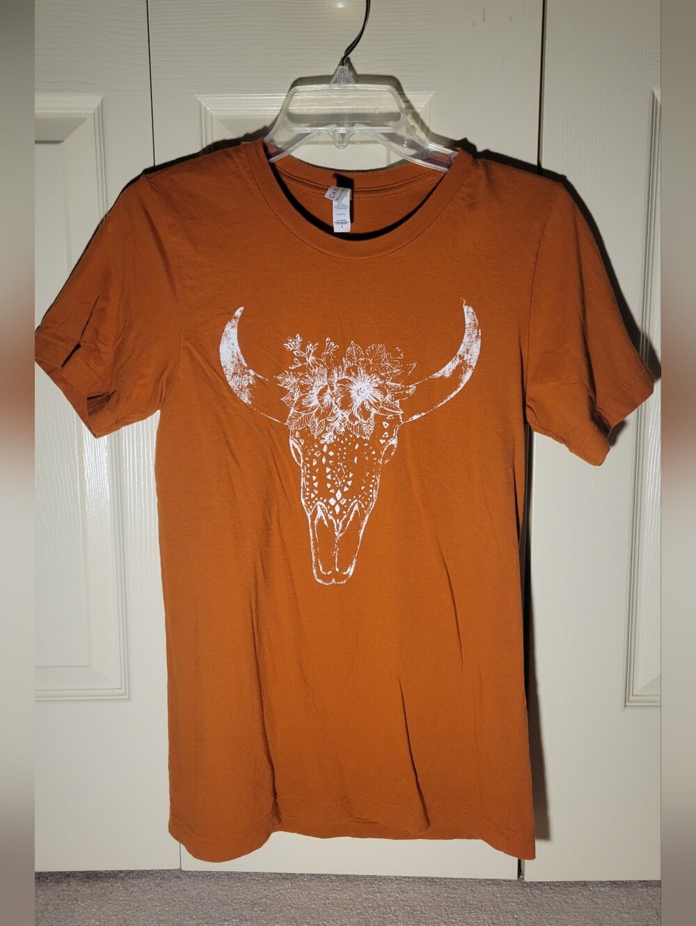 Women's Rust Orange Graphic Tee with Floral Bull Skull